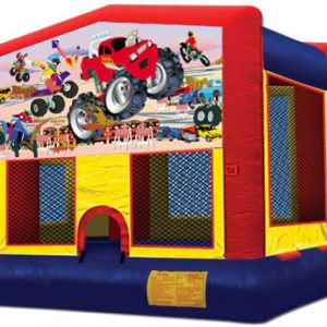 Monster Trucks Art Panel moon walks with a monster truck bounce house blow up and ready for rent in the Apopka area.