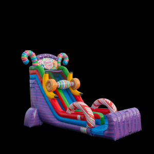 The 22ft Sugar Rush Waterslide SL is a candy themed waterslide with multiple bright colors.