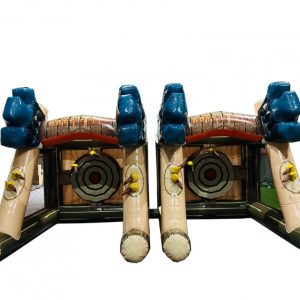 Battle Axe Throwing game rental blow up with brown colors and white background.
