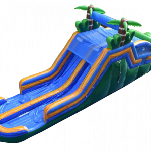 48ft Jungle Run Obstacle Course (Wet/dry) is an inflatable course with green and blue and yellow colors. Also has palms trees at the top of the unit as well.