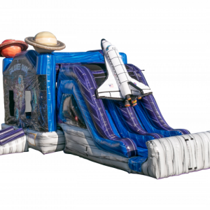 A bounce house with a spaceship and two planets on it