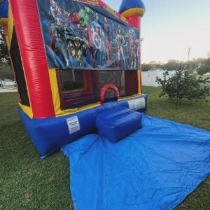 Marvel Art Panel on the front of a red and yellow bounce house.