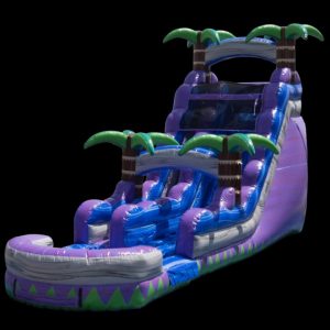 18FT Purple Crush Waterslide is bright purple and blue and has palm trees designs.