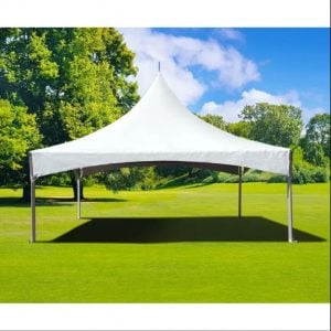 High Peak Luxury Tent rental set up on green grass with white top.