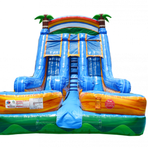 18FT Tropical Double Splash front view with bright orange, green and blue colors and palm trees at the top and stairs in the middle.