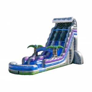 A giant water slide that's purple, blue and grey.
