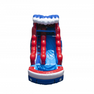 The 15FT Stars & Stripes Waterslide is an inflated waterslide the a wave at the top and in bright red, white and blue colors resembling an American flag.