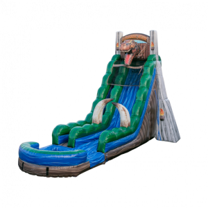 22ft Jurassic Rush Waterslide is a blue, green and brown waterslide with teeth and a t-rex on the front.