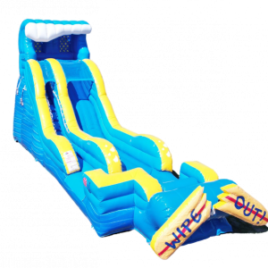 19ft Wipe Out Waterslide is a inflatable rental with yellow and blue color with surfboard and says wipe out on front.
