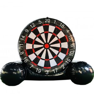 Soccer Dart Game Rental inflatde with numbering around a circle with black, red and white colors.