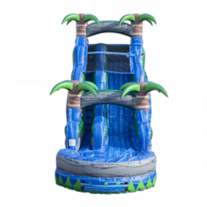 18FT Blue Crush Waterslide blown up with bright blue green colors and palm tree designs.